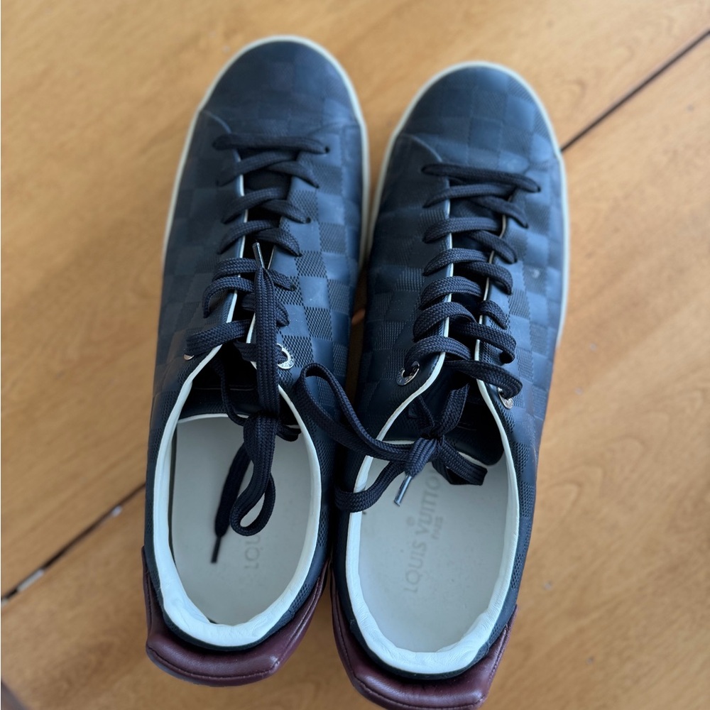 Louis Vuitton Men’s Black Checkered Leather Low-Top Sneakers with Brown Heel